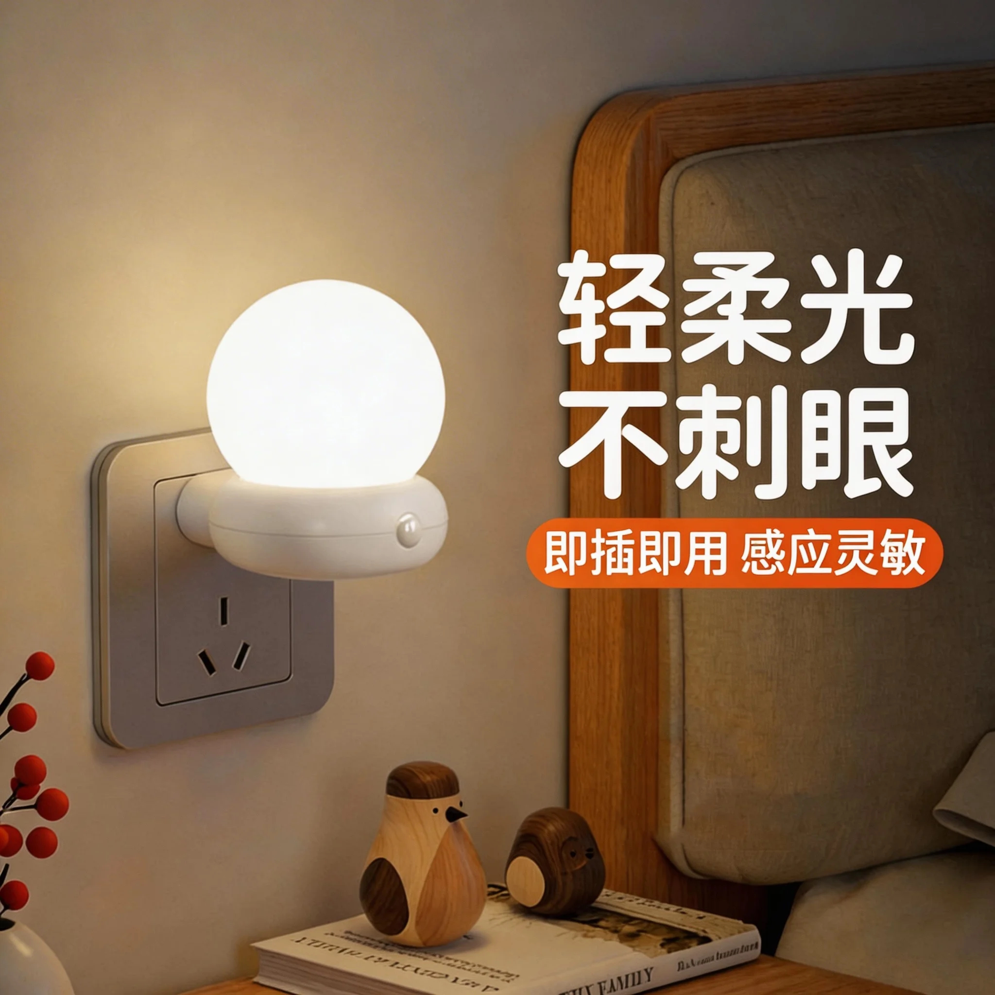 插电式感应灯智能家用床头起夜三色调光强光自动感应充电小夜灯