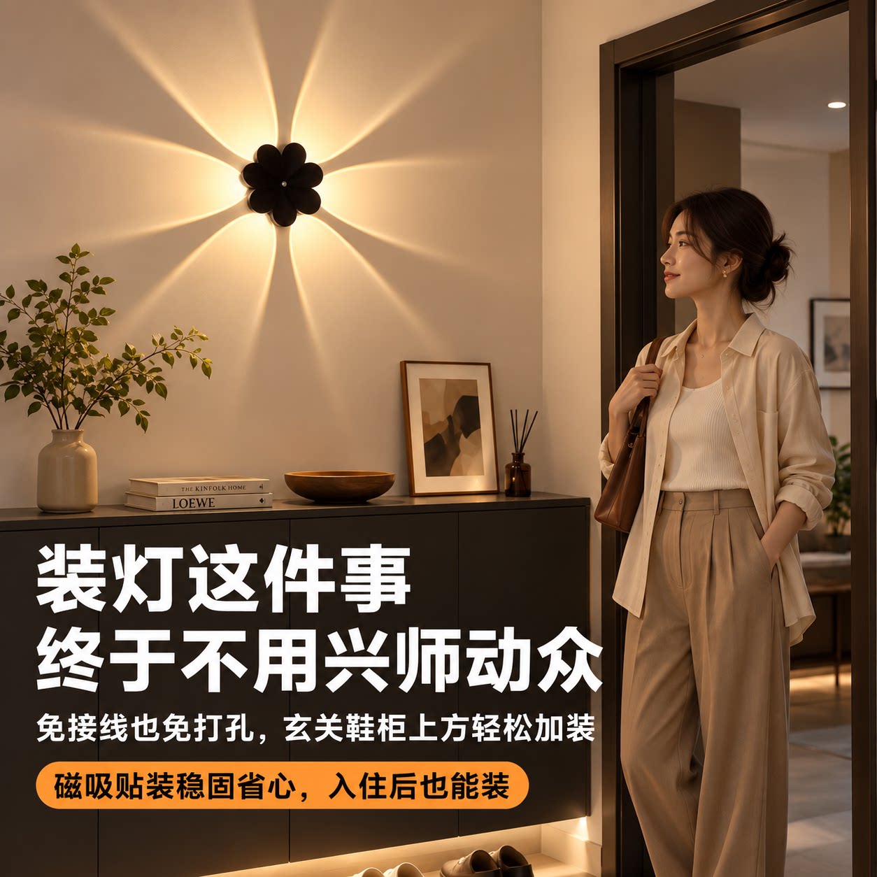 入户门感应灯玄关免接线免打孔充电磁吸射灯人来即亮卧室床头壁灯