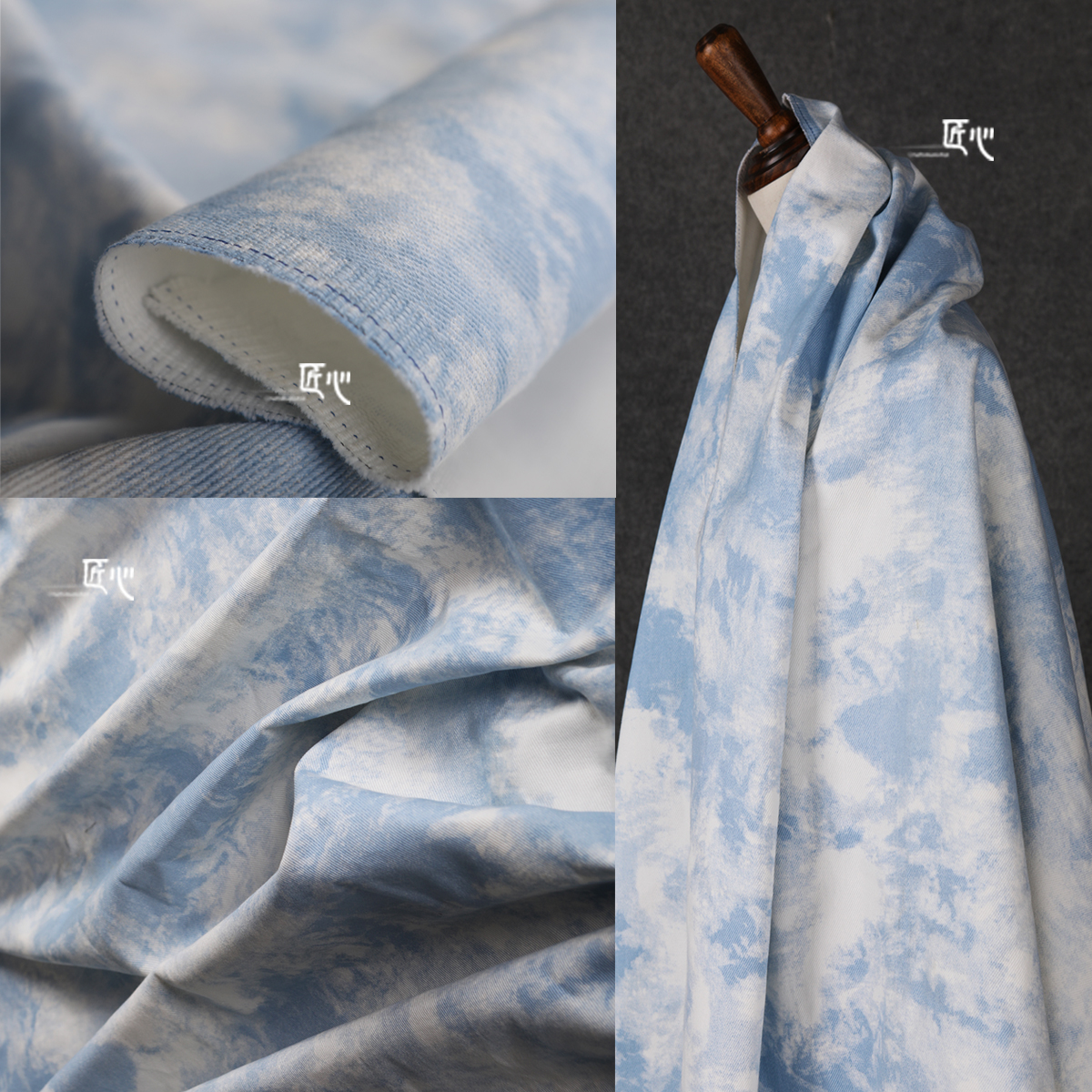 扎染云染/天蓝水墨 牛仔衣植物染单面图案丹宁外套手工设计师面料
