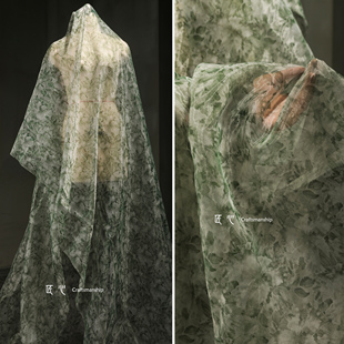 淡墨绿玻璃花半透高密纱 创意手工DIY服装裙子网纱服装设计师面料