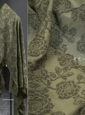 绿色玫瑰花型 植物染布 70%棉30%麻布 环保创意裙服装设计师面料