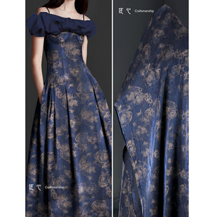 宝蓝玫瑰烫金褶皱复合肌理再造复古文艺连衣裙外套服装设计师面料