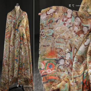敦煌壁画飞天图案麻纱布复古文艺中国风开衫连衣裙服装设计师面料