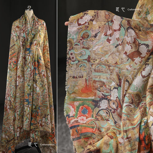 敦煌壁画飞天图案麻纱布复古文艺中国风开衫连衣裙服装设计师面料