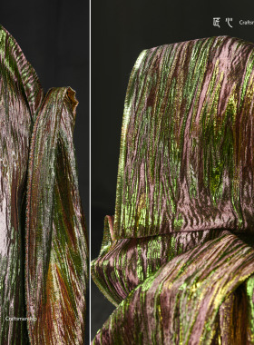 黄绿色鎏金线性流体提花布 立体肌理复古diy外套裙服装设计面料