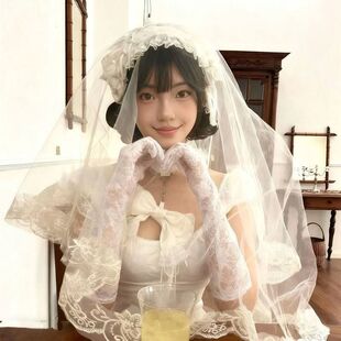 头纱新娘蕾丝花边婚纱超仙主拖尾复古法式盖头发饰头饰万圣节白色