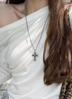 银色十字架长款卫衣项链欧美风
