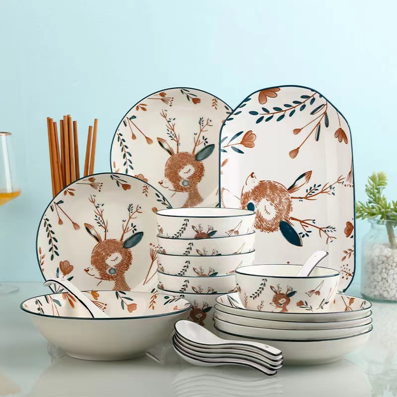 家用新款2-10人碗盘套装可爱陶瓷菜盘子饭碗面碗汤碗鱼盘组合餐具