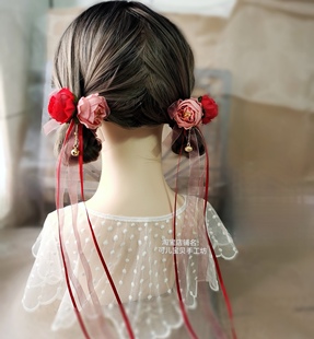 国风汉服发饰仿真绢花发夹古典盘发流苏飘带头饰汉元素侧边夹红色
