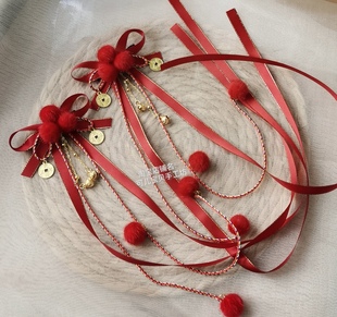 国风汉服头饰新年酒红色喜庆蝴蝶结发饰可爱毛球飘带流苏侧边夹子