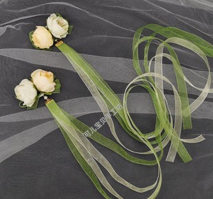 原创 汉服长飘带发饰蔡文姬花朝如约清新黄绿色头饰仿真绢花对夹