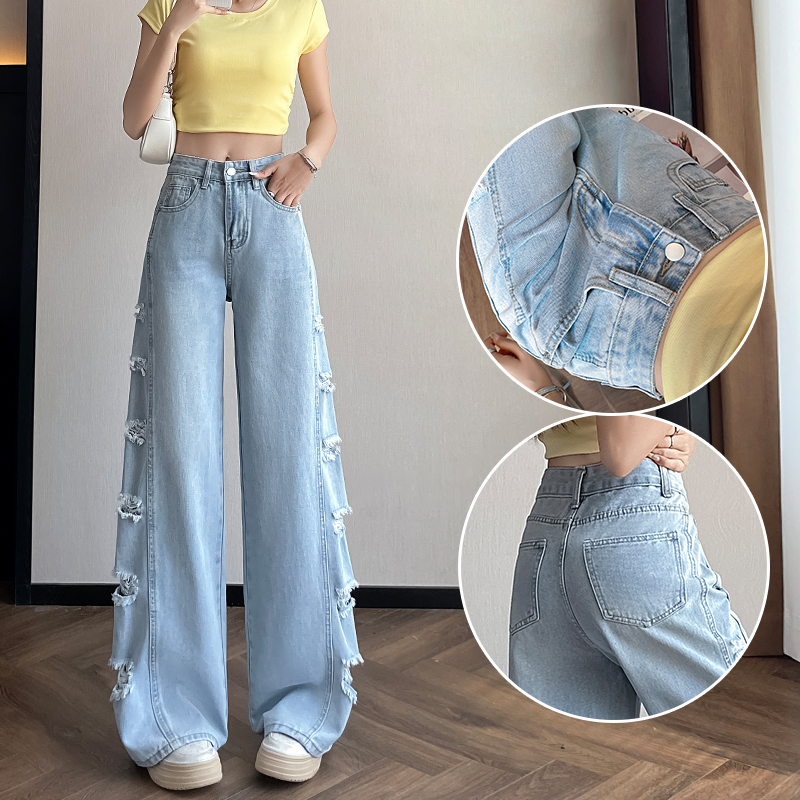 夏季薄款宽松百搭破洞阔腿牛仔裤