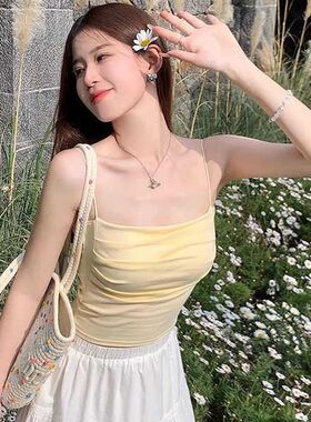 韩版纯欲辣妹一字领吊带美背背心带胸垫裹胸褶皱显瘦打底抹胸上衣