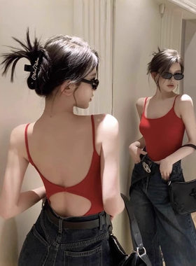 美式辣妹连体吊带小背心女夏季黑色镂空露背内搭紧身上衣外穿背心