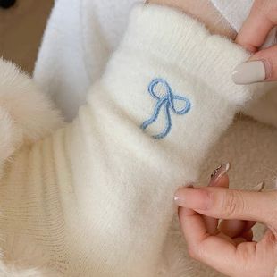 2025新款秋冬季高颜值百搭加厚蝴蝶结袜纯色软糯糯好温柔运动袜女