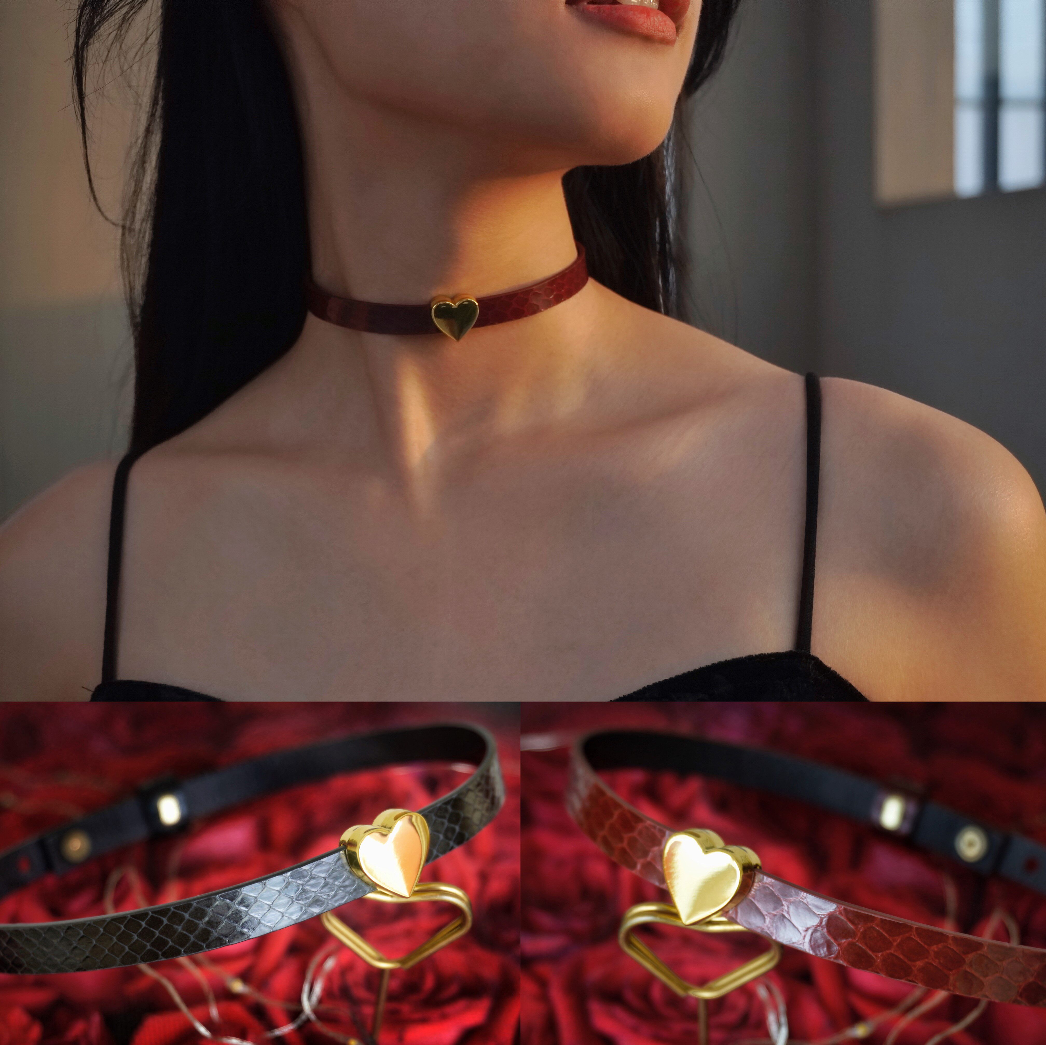 真皮爱心项圈女颈带定制黑色choker锁骨链朋克项圈颈环项圈刻字