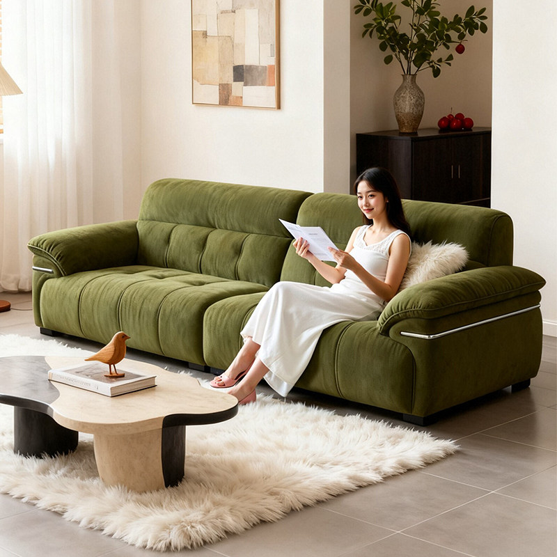 雪尼尔布艺沙发2026年新款中古风包豪斯客厅直排三人位绿色沙发