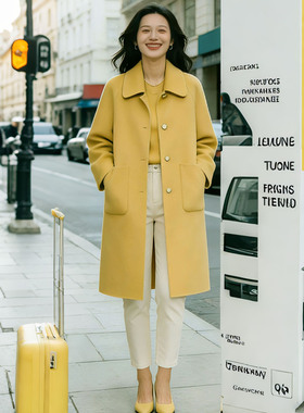 秋冬新款双面羊绒大衣黄色通勤风毛呢外套女中长款单娃娃领风衣