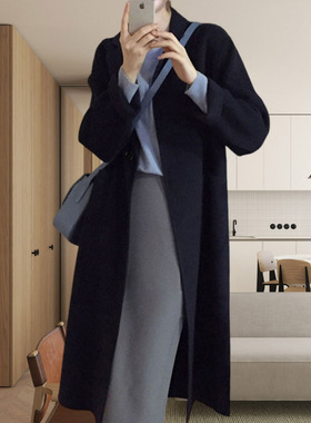 秋冬新款高端藏蓝色双面羊绒大衣羊毛女外套中长款直筒毛呢风衣
