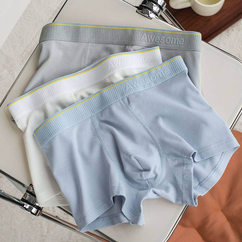 男士内裤莫代尔棉网格透气平角男生青年高中条纹四角裤头短裤男款