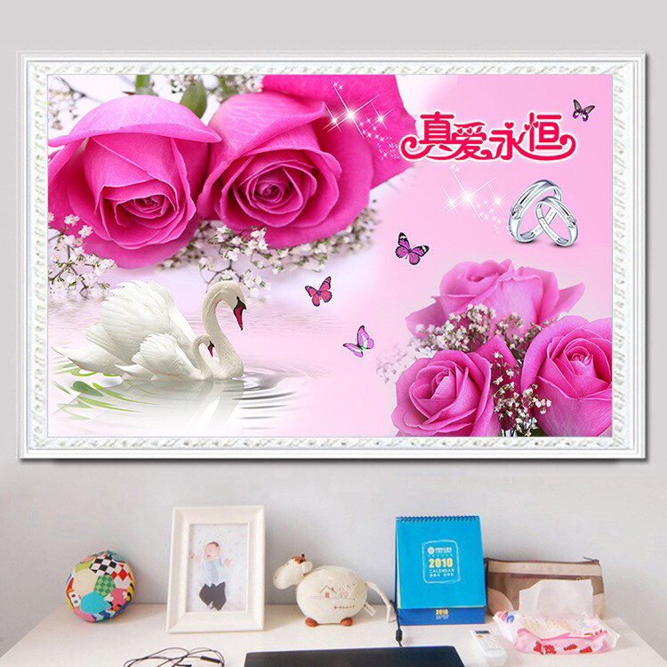 真爱永恒钻石画满钻天鹅玫瑰花贴钻十字绣卧室结婚砖石画植物花卉