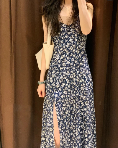 ZA夏季新款露背V领花朵印花迷笛开叉吊带连衣裙女2157054