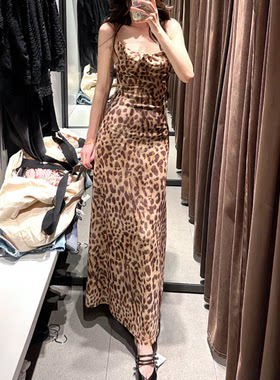 ZA新品女装轻熟风无袖豹纹印花绢网细吊带加长连衣裙 5039474 051