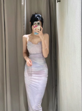 ZA夏季女装 褶皱印花绢网紫色长款吊带显瘦连衣裙 3081/004