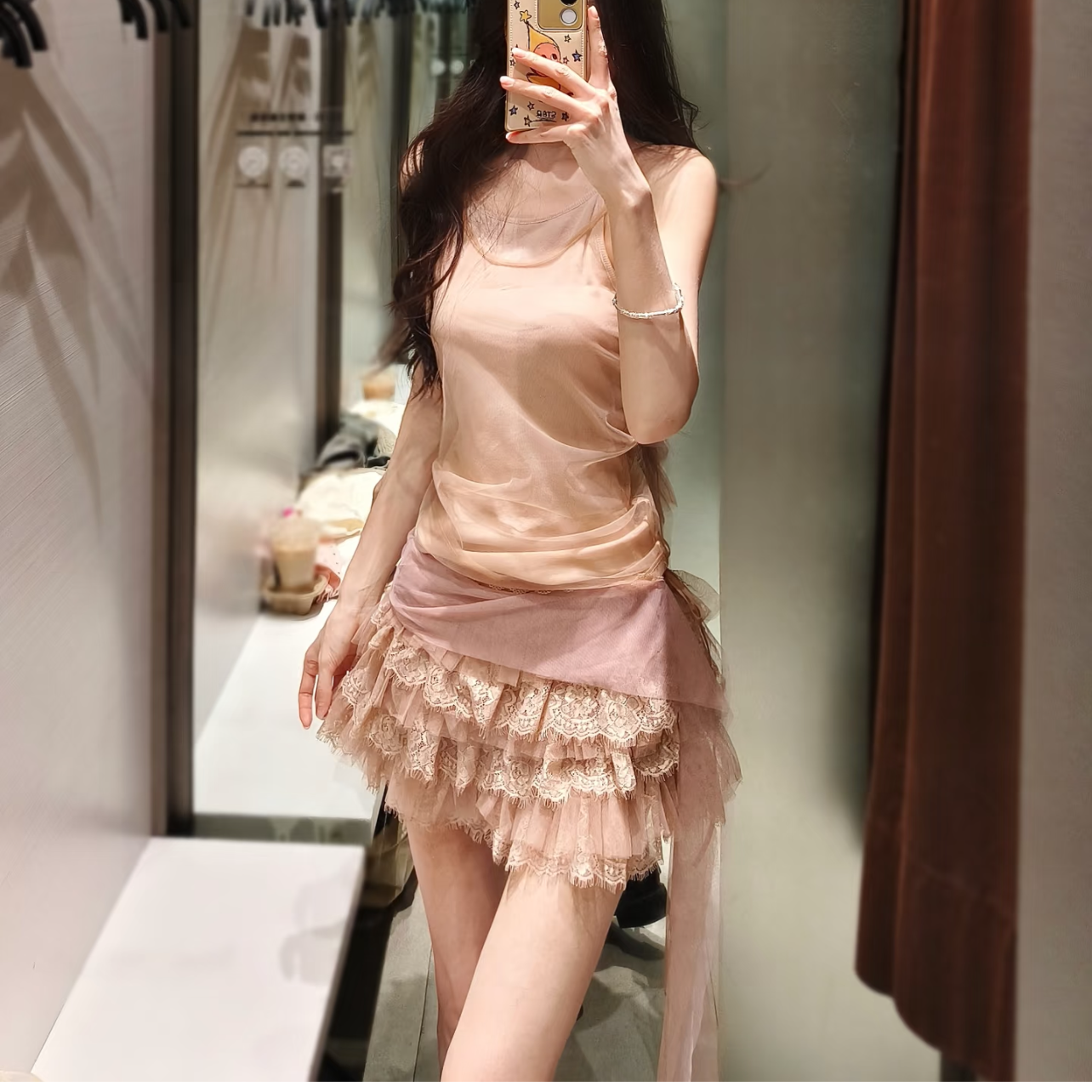 ZA春夏新品 女装 圆领双层绢网效果吊带上衣 5644317 942