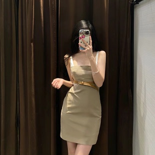 ZA春季 方领腰带拼接连衣裙女3152308 3152 308 辣妹风修身