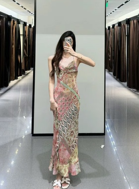 ZA 夏季新款  女装修身拼接印花度假海边吊带连衣裙3293/246