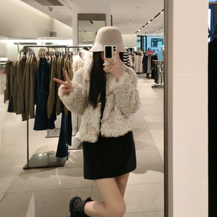 ZA冬季女装百搭宽松羊角扣短款夹克外套6318/254 6318254