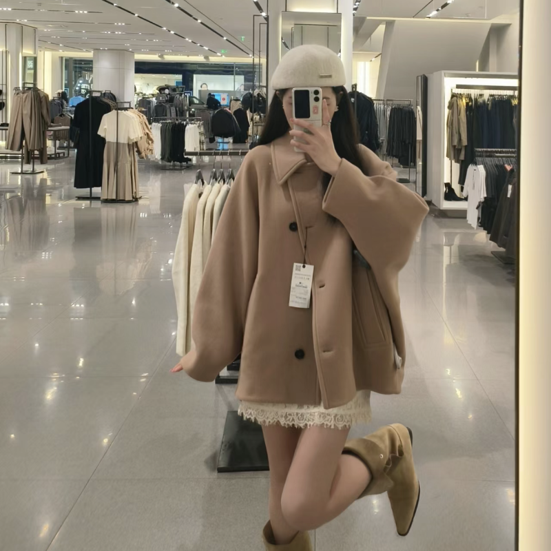 ZA秋季新品女装卡其色蝙蝠袖毛呢斗篷大衣外套 8353724 704