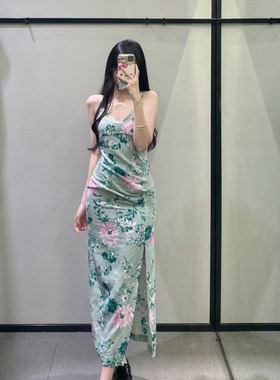 ZA夏季新款度假风绿色收腰亚麻混纺花朵印花吊带连衣裙 3213740