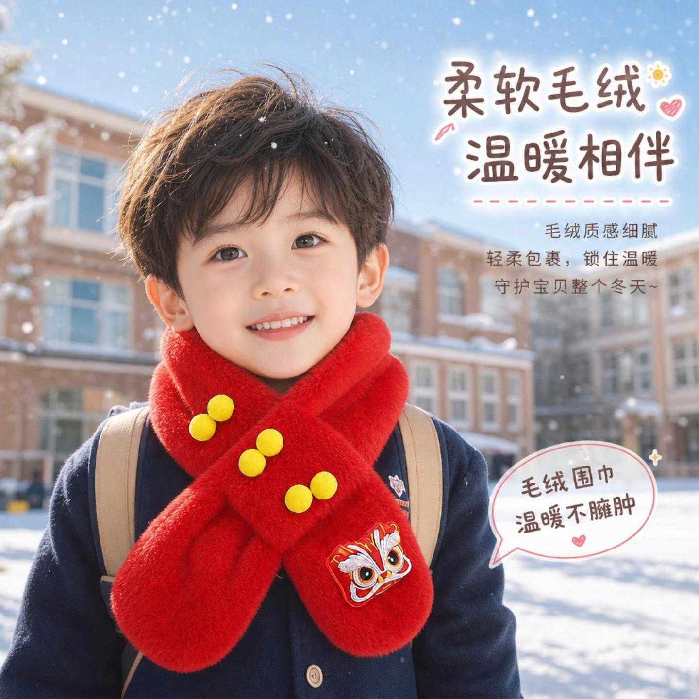 2026冬新款儿童围巾保暖仿兔毛宝宝毛绒围脖卡通加厚学生毛毛围巾