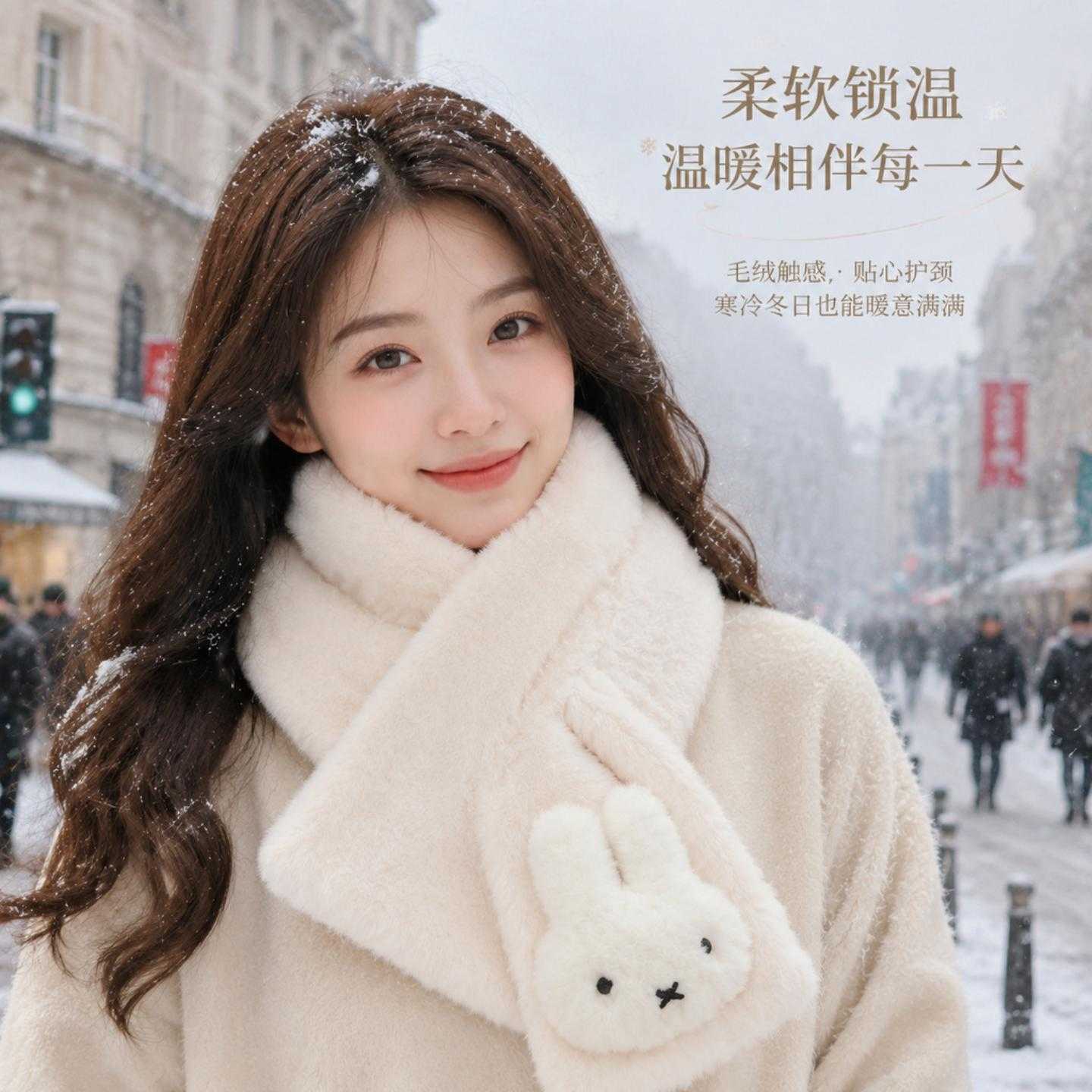 可爱兔兔仿兔毛毛绒围巾女秋冬季柔软学生女纯色交叉保暖加厚围巾
