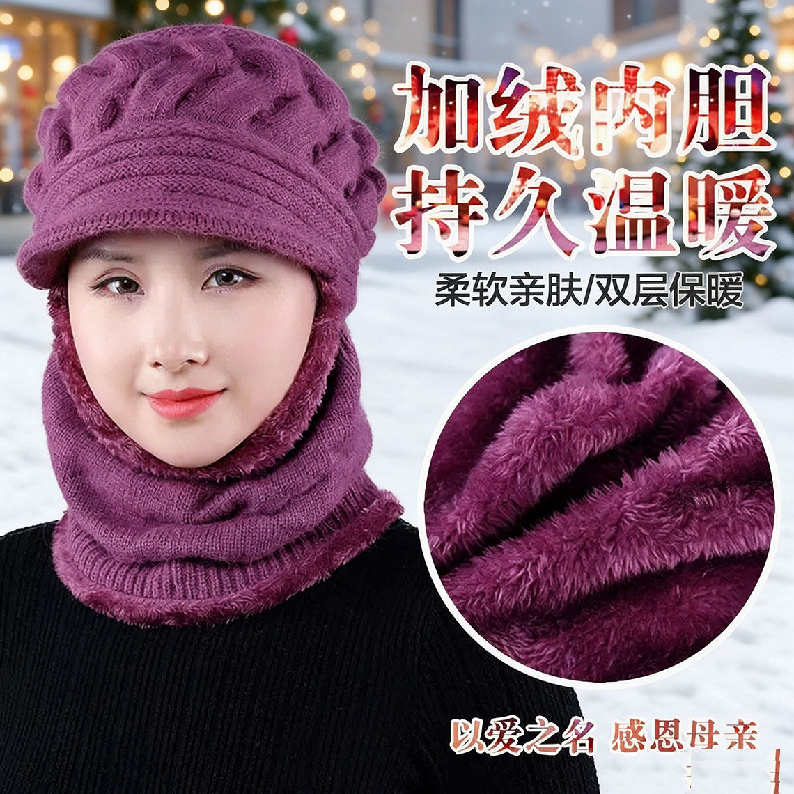 户外妈妈连体护脖帽2026新款冬季中老年帽子女保暖加绒护耳毛线帽