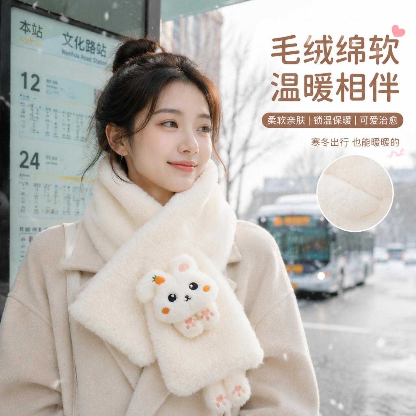 毛绒围巾女秋冬季高级感保暖成人学生围脖加厚韩国新款护颈脖套女