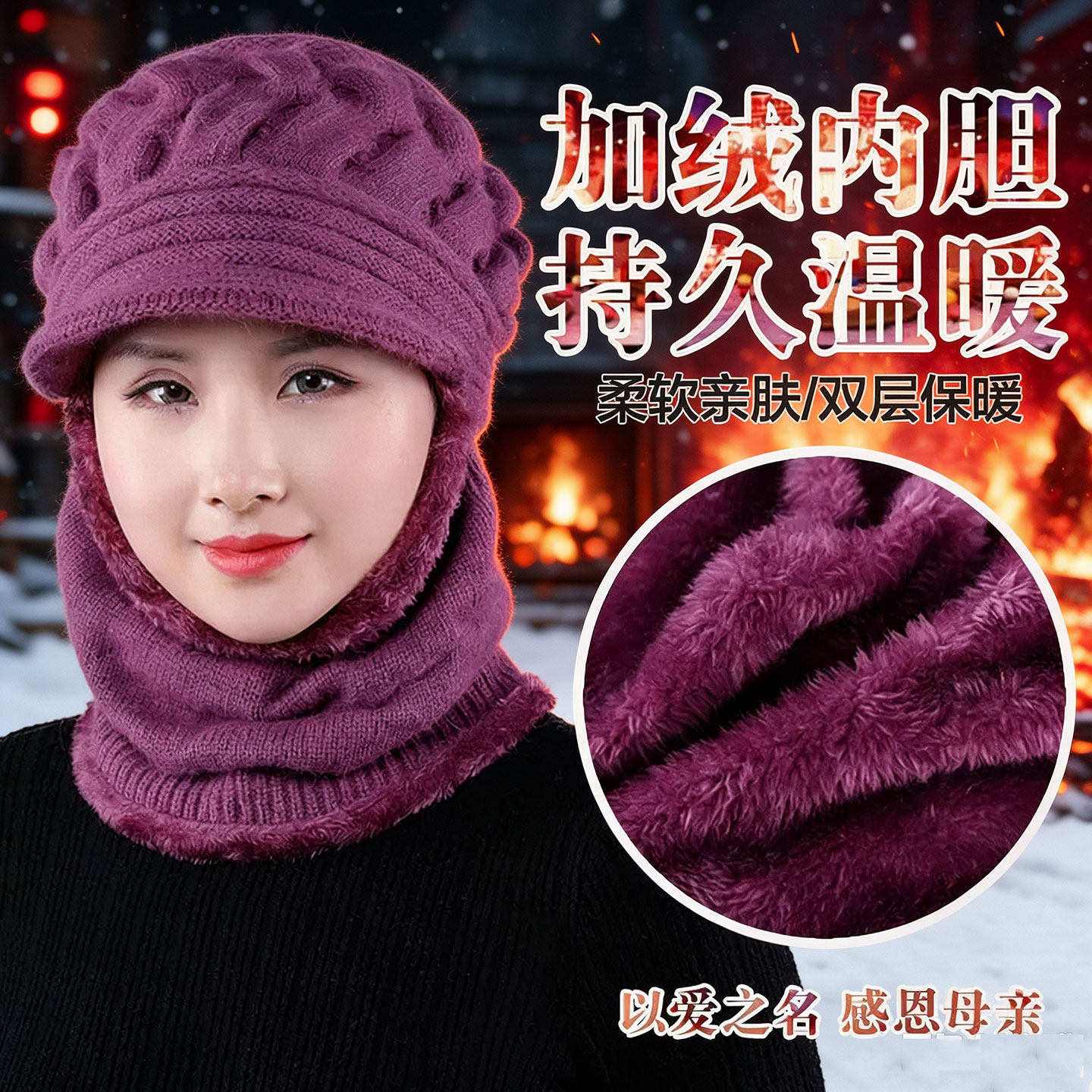 户外妈妈连体护脖帽2026新款冬季中老年帽子女保暖加绒护耳毛线帽