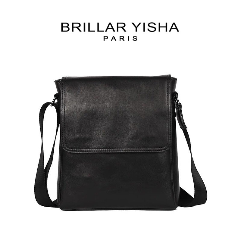 法国BRILLAR YISHA新款单肩包商务休闲真皮男士斜挎包大容量背包