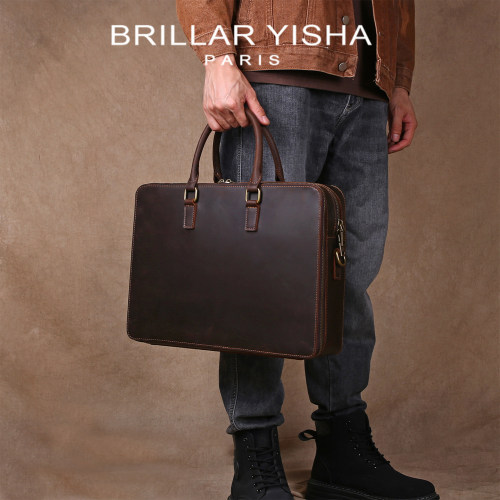 BRILLAR YISHA商务真皮公文包疯马皮手提包头层牛皮电脑包斜挎包