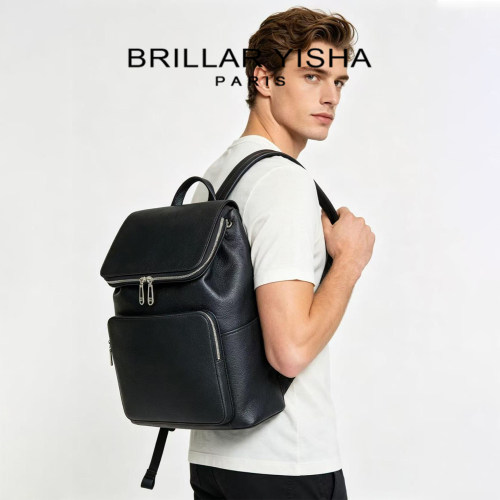 BRILLAR YISHA头层牛皮男士商务双肩包大容量真皮电脑包多功能包