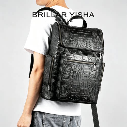 BRILLAR YISHA真皮双肩包男士商务电脑背包大容量牛皮时尚旅行包