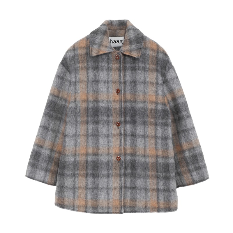 haag羊毛半长格纹新款大衣
