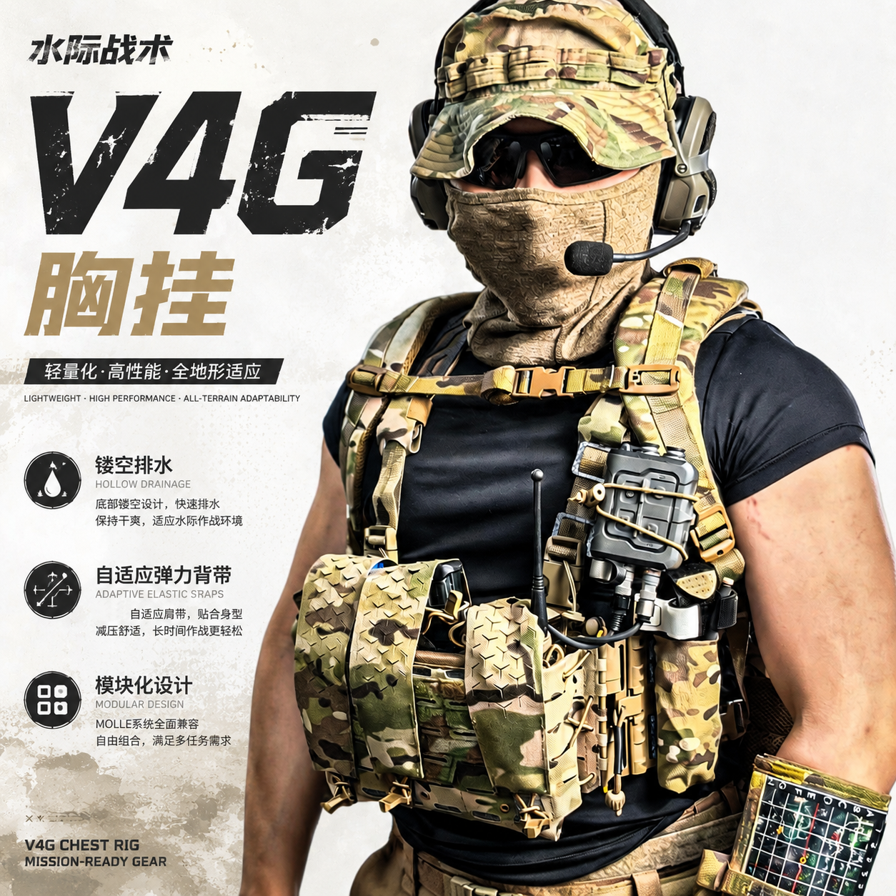 【超战推荐】水际战术-V4G胸挂 多处镂空可排水 自适应弹力背挂带