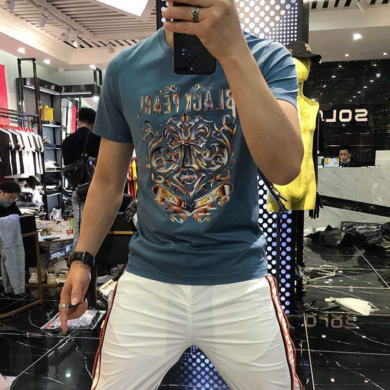 欧洲站夏装男士丝光棉t恤男图腾潮烫钻刺绣半袖上衣加大码ins