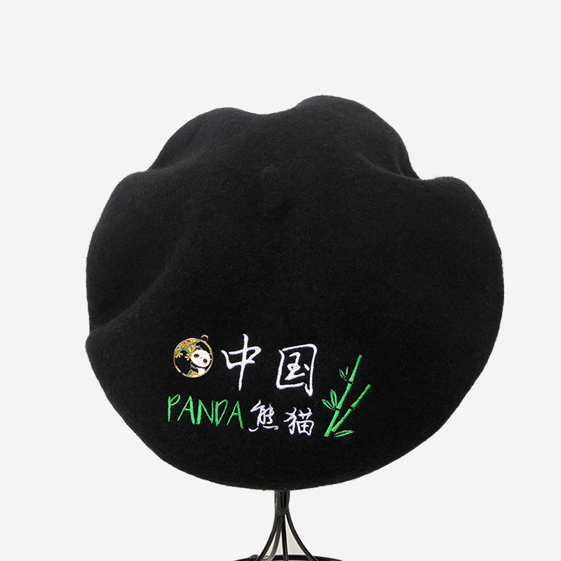 贝雷帽女秋冬帽子黑色字母熊猫
