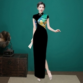 走秀旗袍加长款 原创高端中式 改良款 大气表演出服显瘦黑色晚会礼服