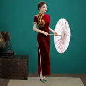 大码 红色2026春秋时尚 中国风演出走秀礼服刺绣丝绒旗袍女改良长款