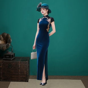 走秀旗袍秋冬季高端舞台表演出服团队服露背性感年轻款丝绒旗袍裙